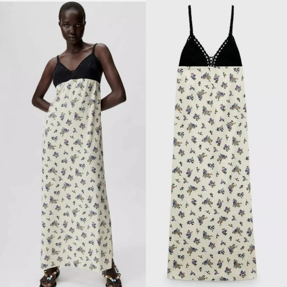 New Zara Floral Satin Printed Crochet Cream Maxi Tank Dress Cottagecore Small - Picture 6 of 14